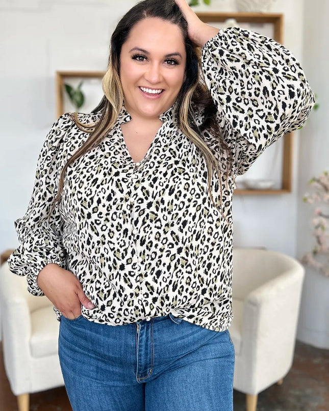 Double Take Full Size Leopard Long Sleeve Blouse