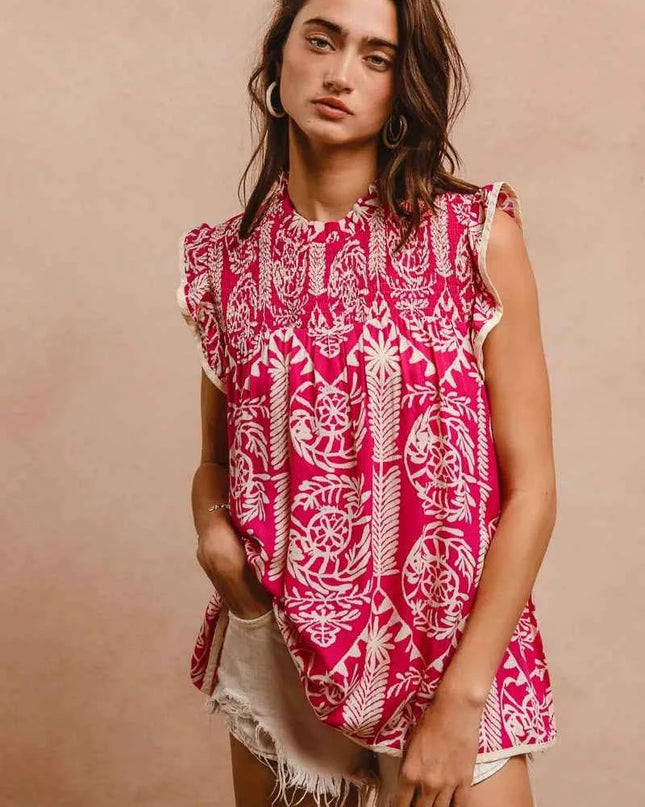 BiBi Printed Ruffle Sleeve Top