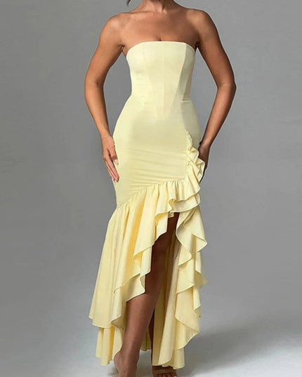 Strapless Ruffle High-Low Bodycon Dress