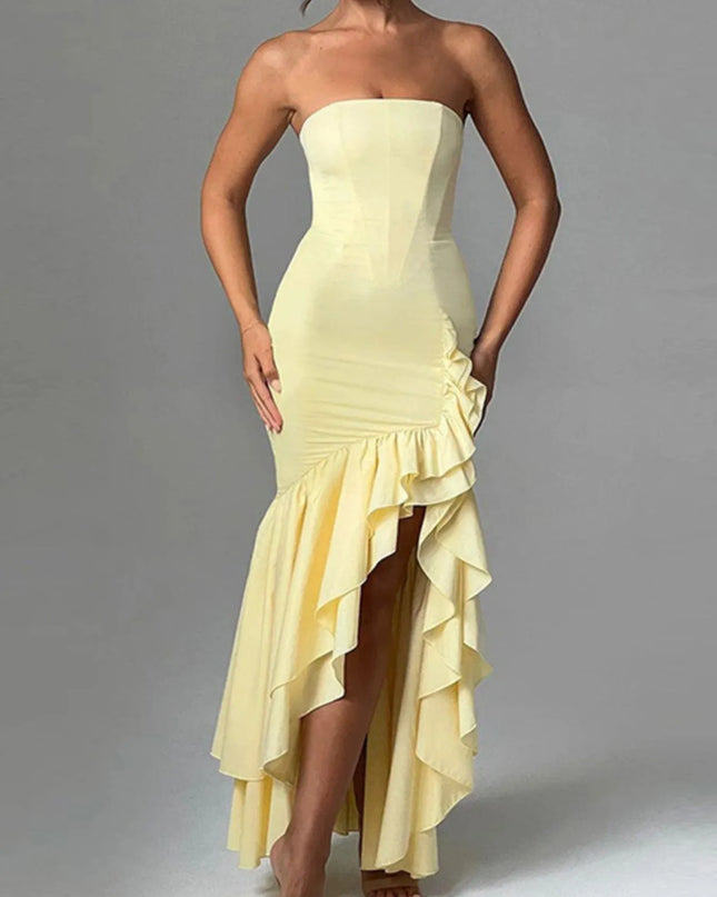Strapless Ruffle High-Low Bodycon Dress