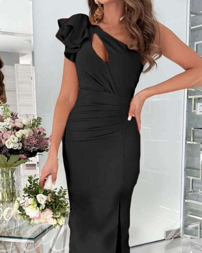 Cutout One Shoulder Ruffle Split Dress 