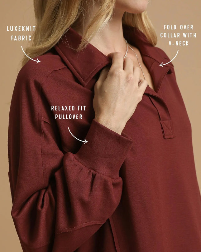 Umgee Exposed Seam Long Sleeve Polo Top with Side Slit