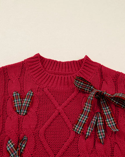 Plaid Lace Up Detail Christmas Holiday Puff Short Sleeve Sweater