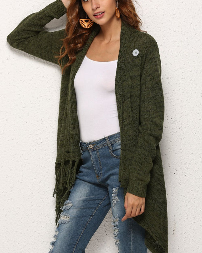 Angel Wings One-Button Tassel Tie Asymmetrical Hem Cardigan