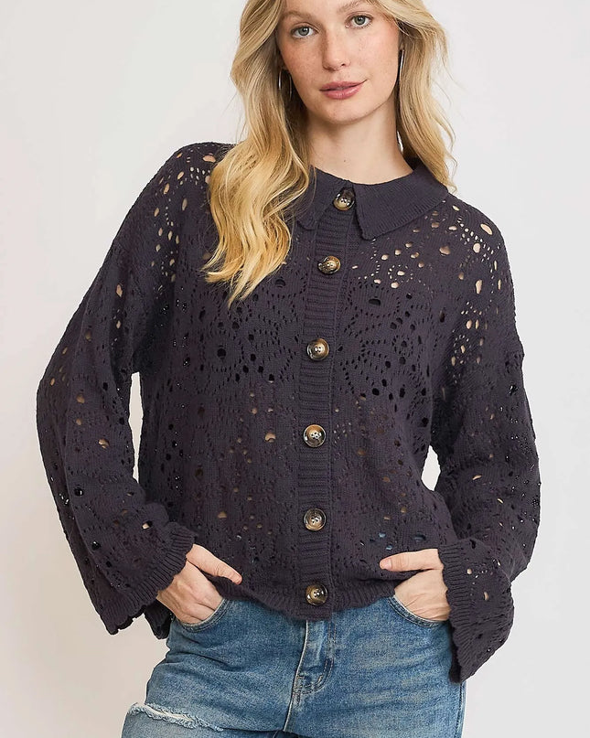 Umgee Hollow Out Button Down Cardigan MIDNIGHT