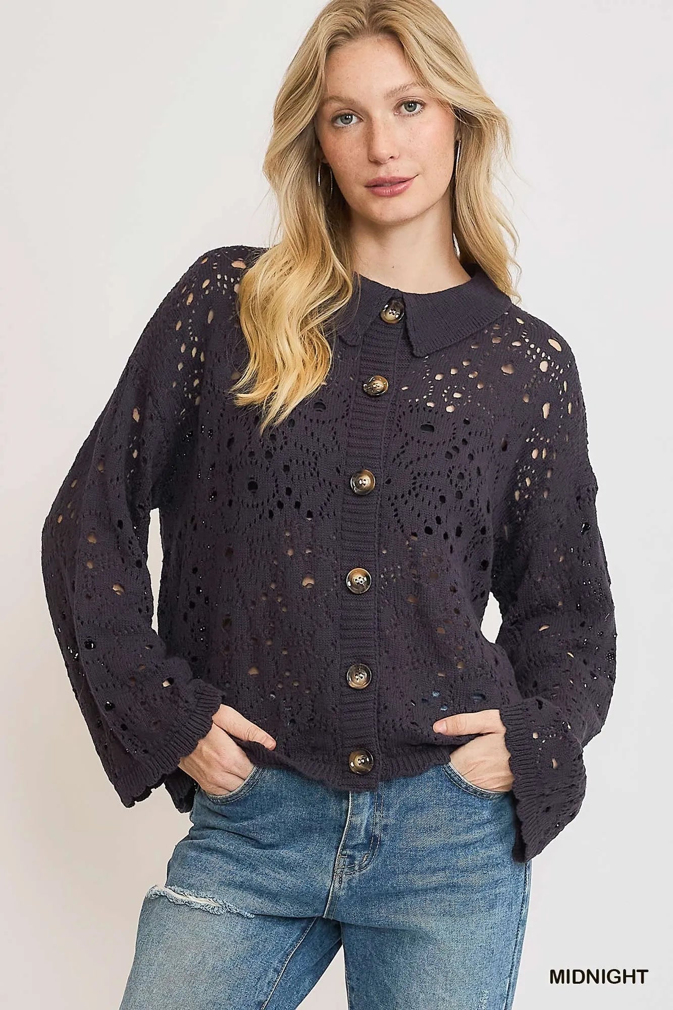 Umgee Hollow Out Button Down Cardigan MIDNIGHT