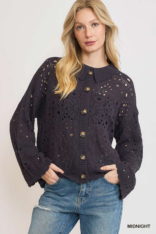 Umgee Hollow Out Button Down Cardigan MIDNIGHT
