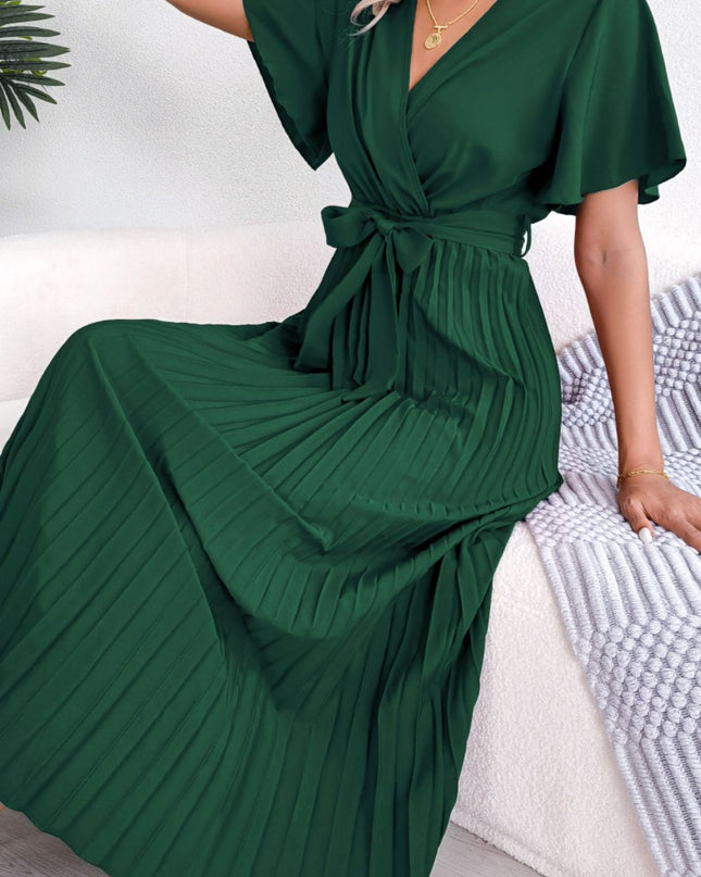 Pleated Flutter Sleeve Belted Dress