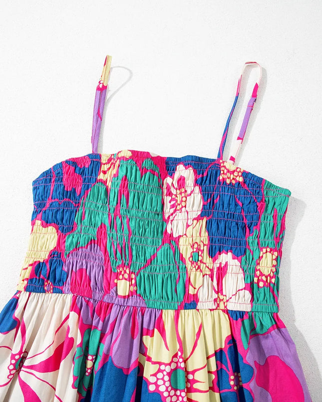 Floral Print Shirred Spaghetti Strap Loose Maxi Dress