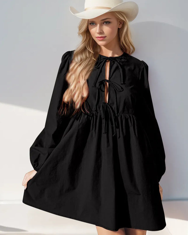 Double Take Christmas Front Tied Long Sleeve Mini Dress Black