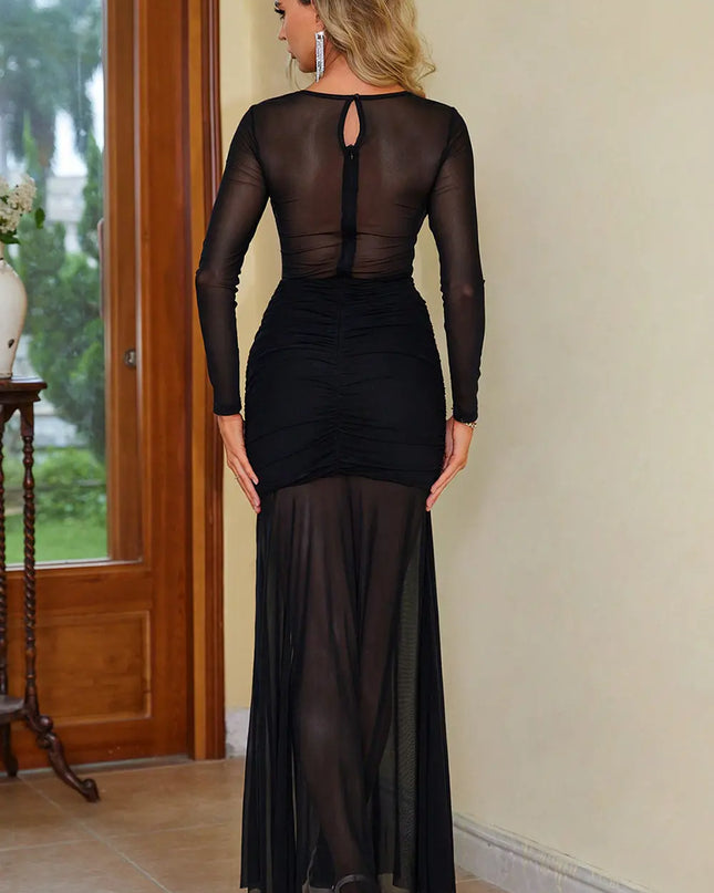 Semi-Sheer Slit Round Neck Dress
