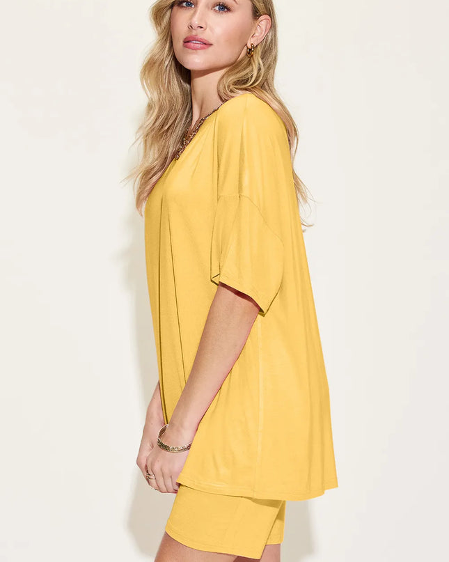 Basic Bae Bamboo Full Size V-Neck Drop Shoulder T-Shirt and Shorts Set