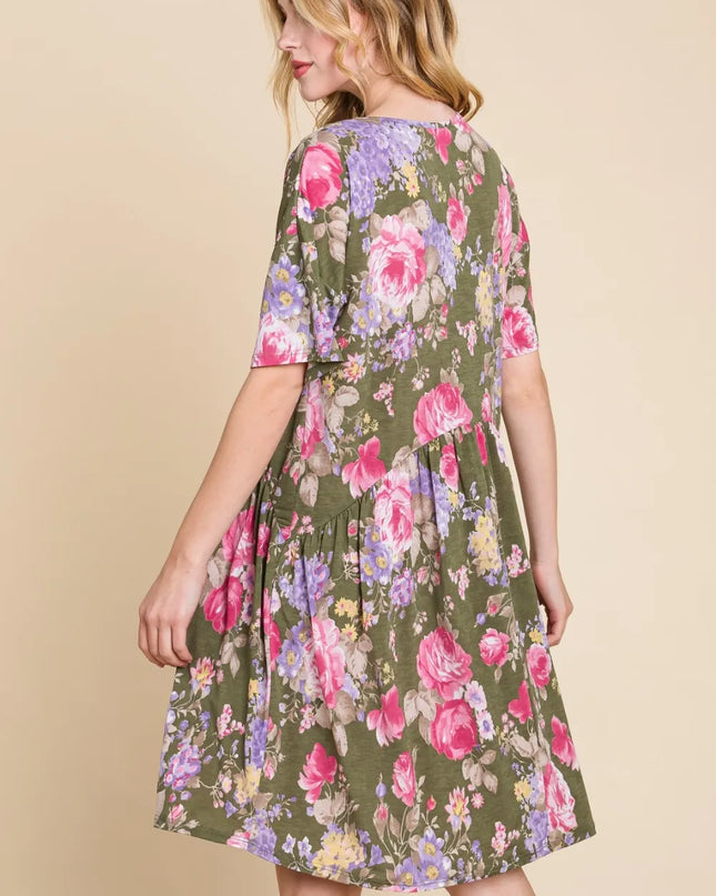 BOMBOM Flower Print V-Neck Ruched Dress