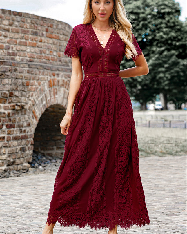 Scalloped Trim Lace Plunge Dress Wine