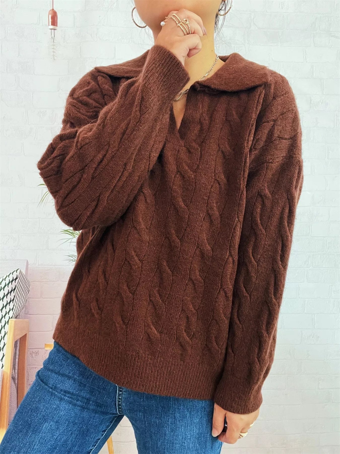 Cable Knit Johnny Collar Sweater