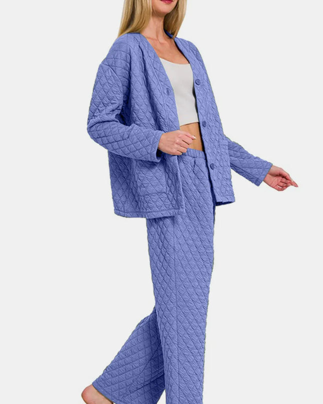 Zenana Quilted Button Up Long Sleeve Top and Pants Lounge Set