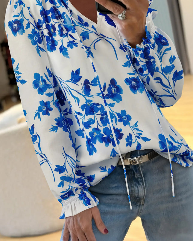 Floral Long Sleeve Tie Neck Blouse Sky Blue