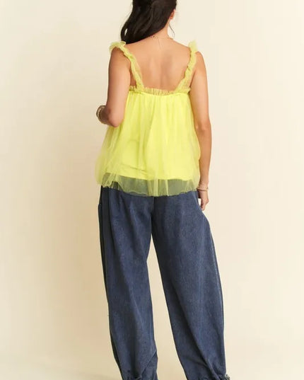 Davi & Dani Shirred Ruffle Strap Tulle Babydoll Top