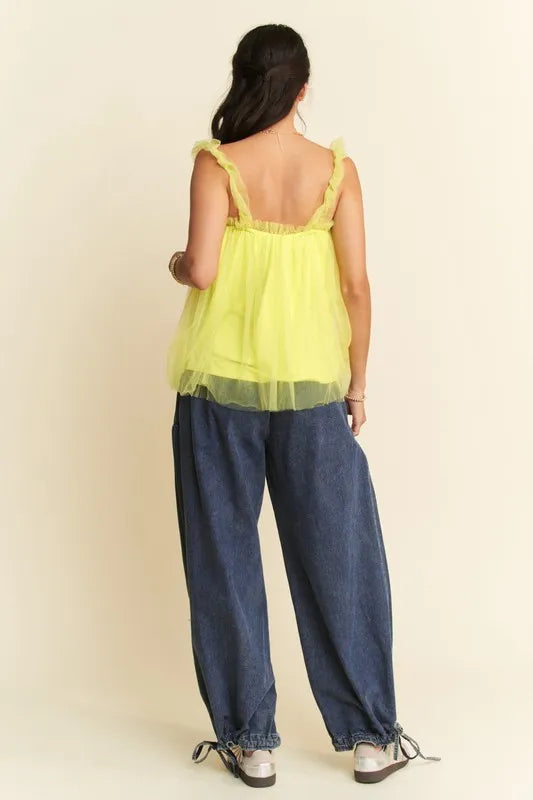 Davi & Dani Shirred Ruffle Strap Tulle Babydoll Top