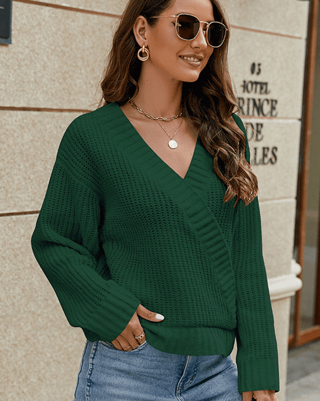 Surplice Neck Long Sleeve Sweater Dark Green