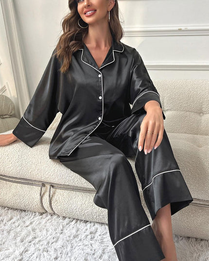 Contrast Piping Button-Up Top and Pants Pajama Set