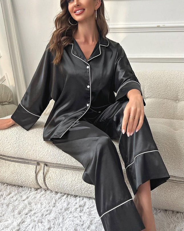 Contrast Piping Button-Up Top and Pants Pajama Set