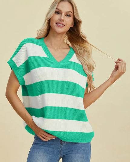 Double Take Full Size Striped V-Neck Short Sleeve Sweater