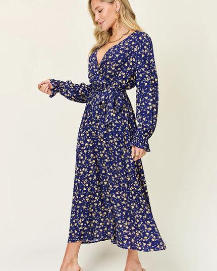 Double Take Full Size Tie Back Flounce Sleeve Dress