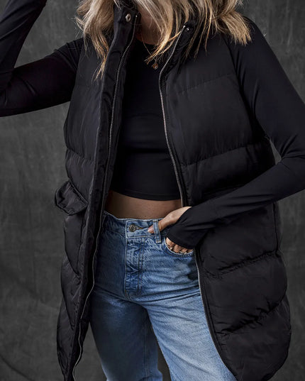 Pocketed Zip Up Vest Coat Black