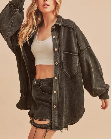 Aemi + Co Acid Washed Exposed Seam Button Up Jacket Black