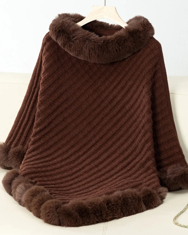 Fuzzy Trim Texture Three-Quarter Sleeve Poncho Chocolate One Size