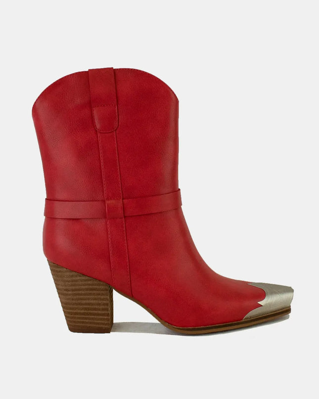 Beast Fashion Faux Leather Metal Toe Ankle Boots Red