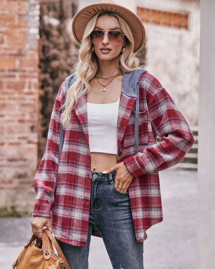 Oversized Plaid Button Up Shacket Deep Red