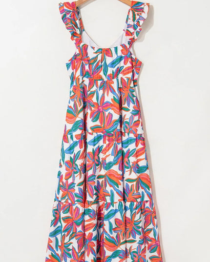 Floral Ruffled Strap V Neck Maxi Dress