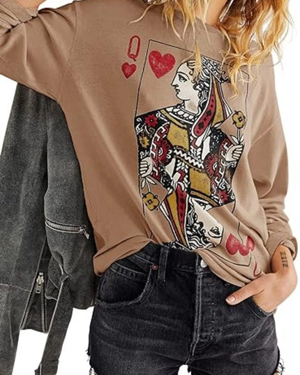 Queen of Hearts Playing Card Graphic Round Neck Sweatshirt