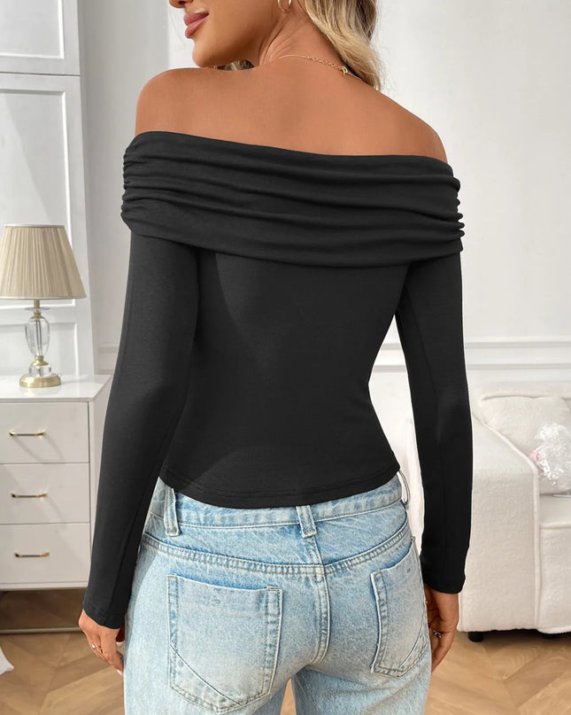 Off-Shoulder Long Sleeve Fitted T-Shirt