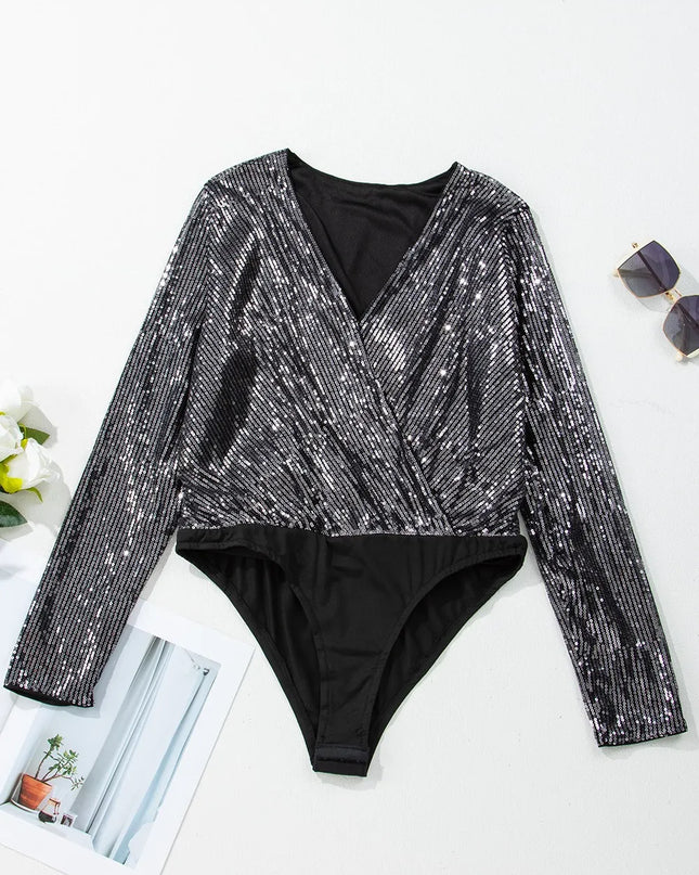 Sequin Surplice Long Sleeve Bodysuit