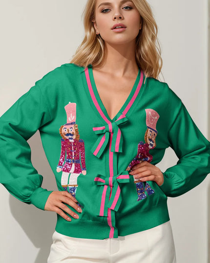 Double Take Full Size Nutcracker Sequin Bow Decor Cardigan Green