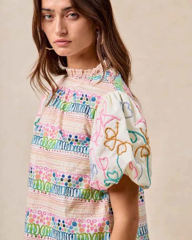 BiBi Ruffle Neckline Blouse With Embroidery Bubble Sleeve