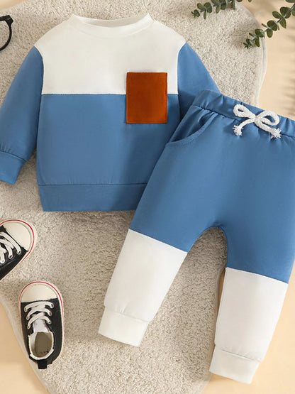 Children's Color Block Pocket Detail Top and Pants Outfit Set Sky Blue