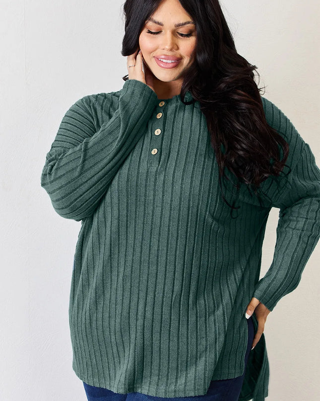 Basic Bae Full Size Ribbed Half Button Long Sleeve High-Low T-Shirt