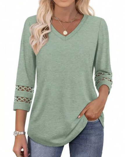 Full Size V-Neck 3/4 Sleeve T-Shirt Plus Size Light Green