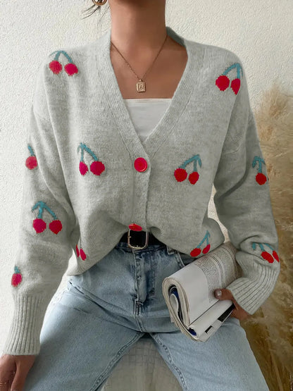 Cherry Button-Up Knit Cardigan