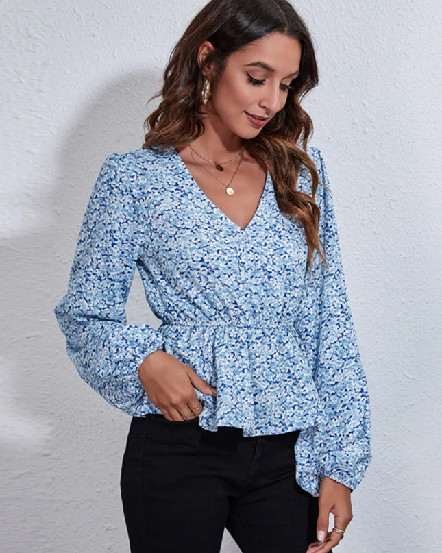 Floral V-Neck Balloon Sleeve Peplum Blouse