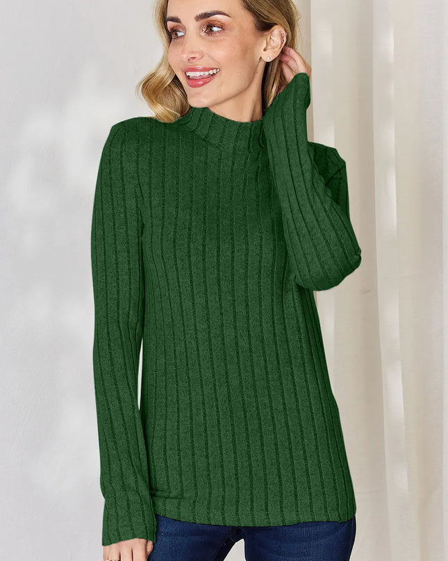Basic Bae Full Size Ribbed Mock Neck Long Sleeve T-Shirt Green