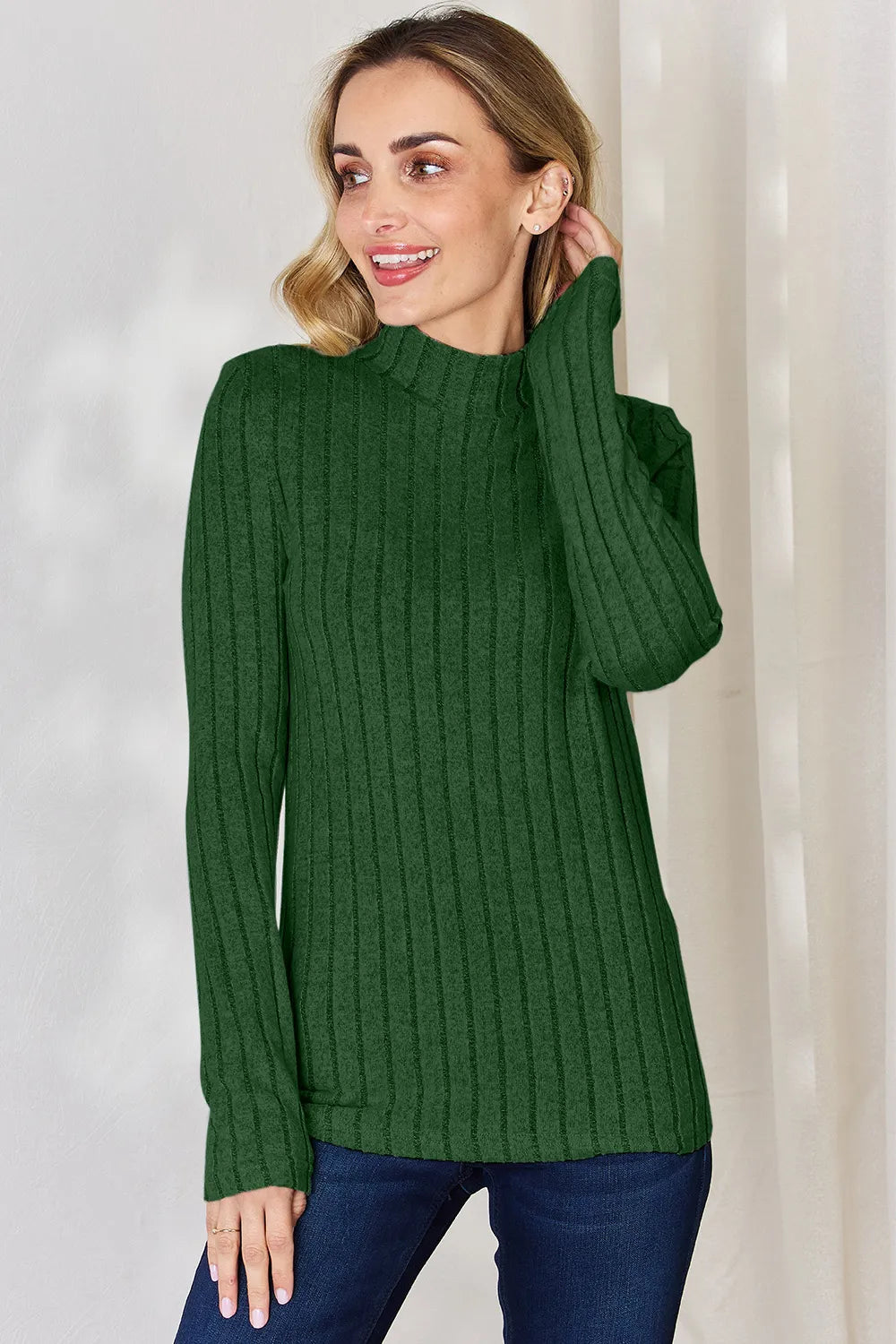 Basic Bae Full Size Ribbed Mock Neck Long Sleeve T-Shirt Green