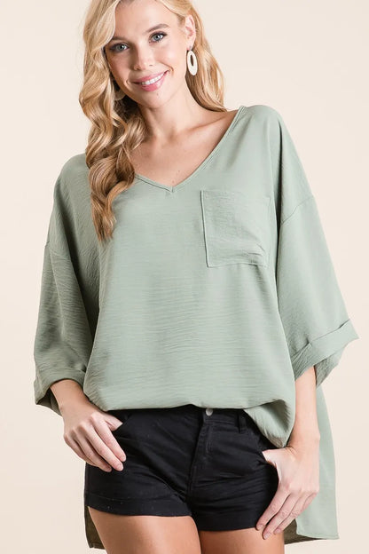 BiBi Flowy Woven V-Neck Top with Rolled Up Cuffs