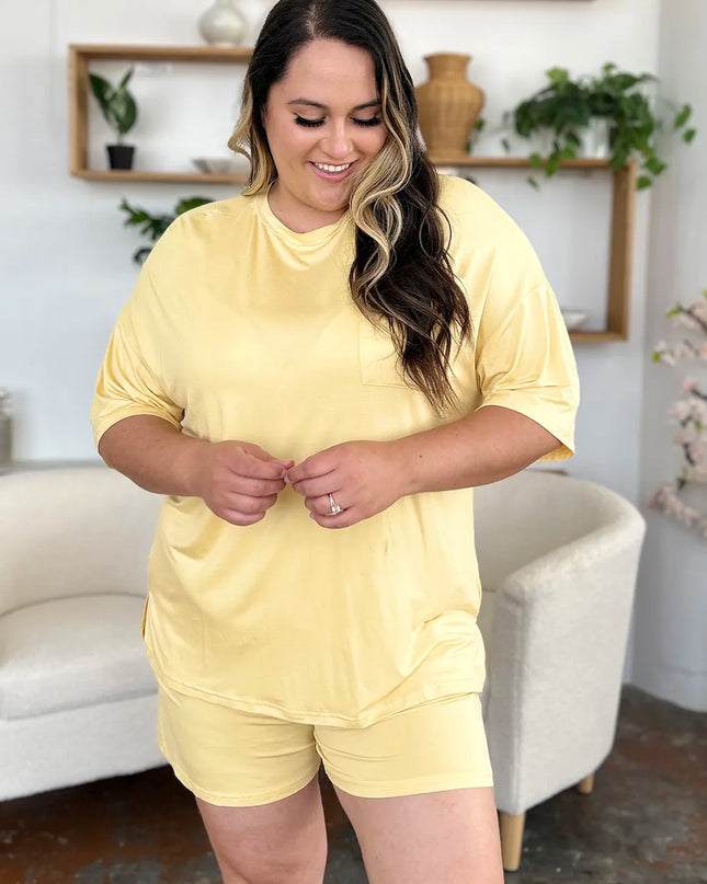Basic Bae Bamboo Full Size Round Neck Drop Shoulder T-Shirt and Shorts Set