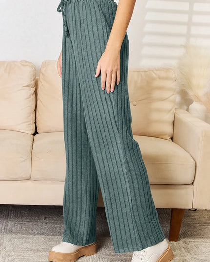 Basic Bae Full Size Ribbed Drawstring Hooded Top and Straight Pants Set