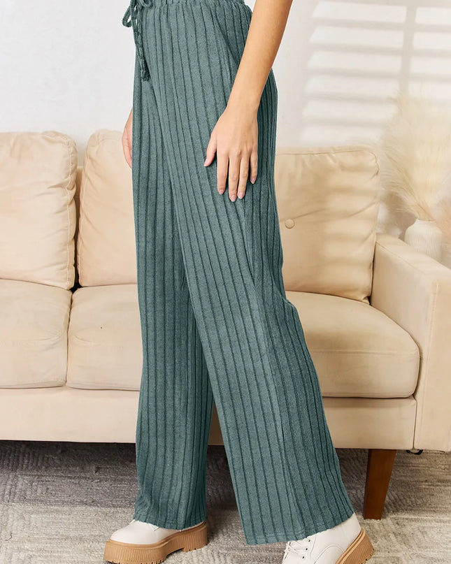 Basic Bae Full Size Ribbed Drawstring Hooded Top and Straight Pants Set